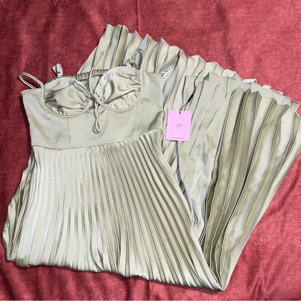 Pleated Satin Maxi Dress in Sage Green